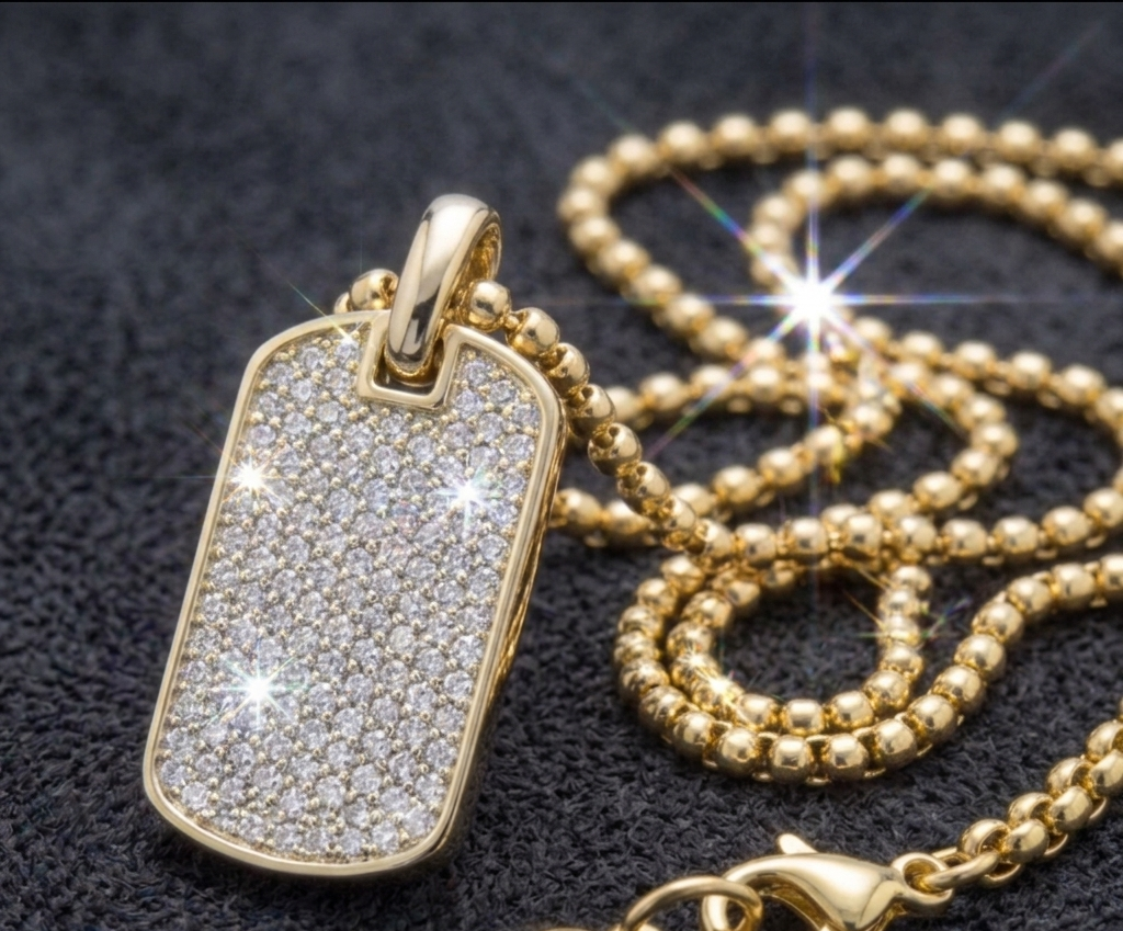 Gold Pavé Dog Tag Necklace 18 in.