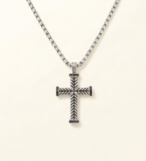 Silver Rope Cross with Black Zirconia's Necklace 18 in. – Tarnish-Free Pendant