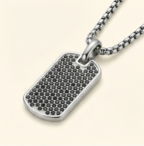 Silver Pavé Dog Tag Necklace 18 in. – 925 Sterling Silver Plated Tarnish