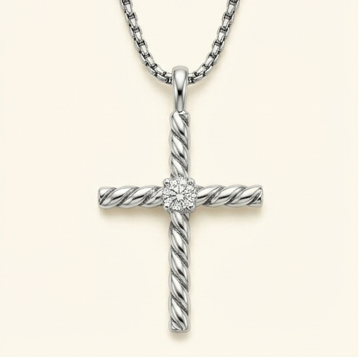 CZ Twisted Cross Necklace – 925 Sterling Silver Tarnish-Free Rope Cross Pendant with Box Chain