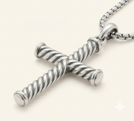Twisted Rope Cross Necklace – 925 Sterling Silver Tarnish-Free Cross Pendant with 18” Box Chain