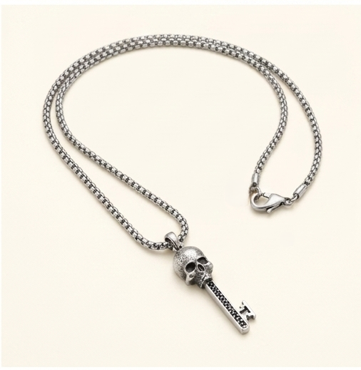 Skull Key Pendant Necklace – 925 Sterling Silver Tarnish-Free Gothic Key Necklace with Black CZ Accents