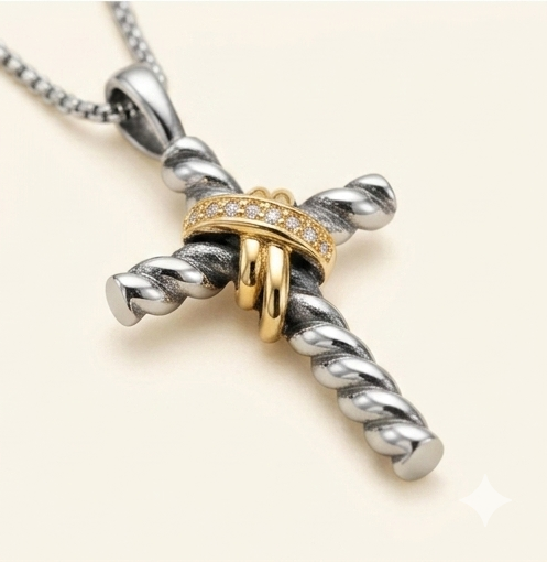 Gold Wrapped CZ Cross Necklace – 925 Sterling Silver Tarnish-Free Twisted Cross Pendant with 18” Box Chain