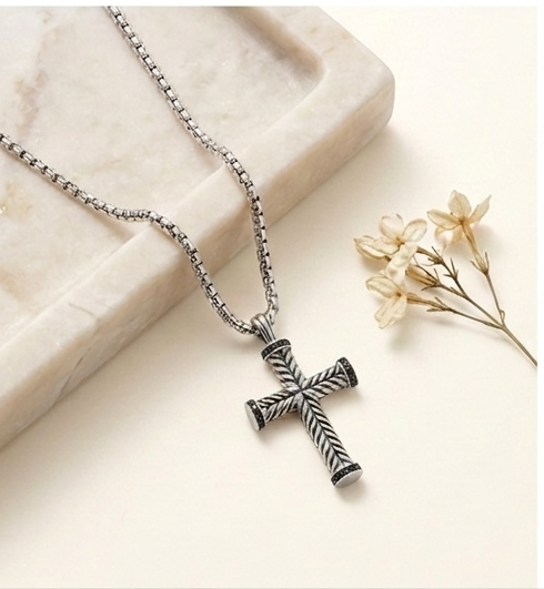 Silver Rope Cross with Black Zirconia's Necklace 18 in. – Tarnish-Free Pendant