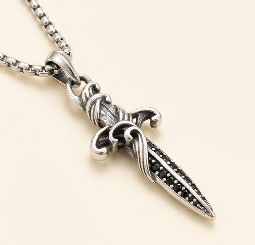 Shadowfang Black CZ Dagger Necklace – 925 Sterling Silver Tarnish-Free Gothic Pendant with 18” Box Chain