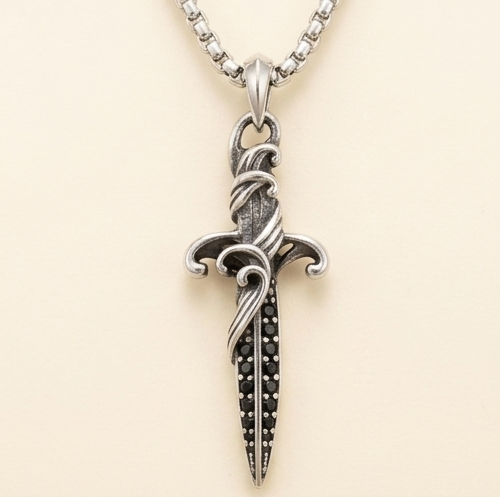 Shadowfang Black CZ Dagger Necklace – 925 Sterling Silver Tarnish-Free Gothic Pendant with 18” Box Chain