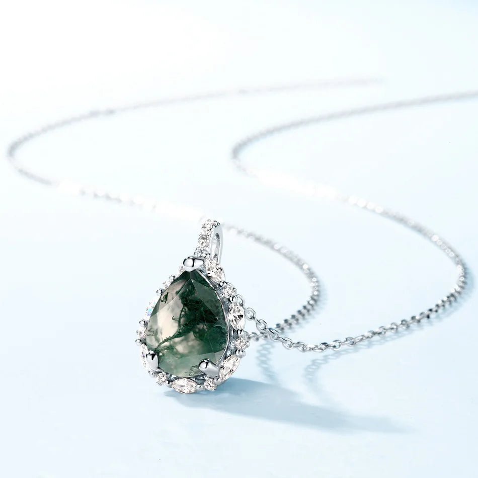 Natural Green Moss Agate Pendant Necklace - 925 Sterling Silver, 45cm Chain, Unique Anniversary Gift for Women - Moss Agate Collection, IceBoyDC