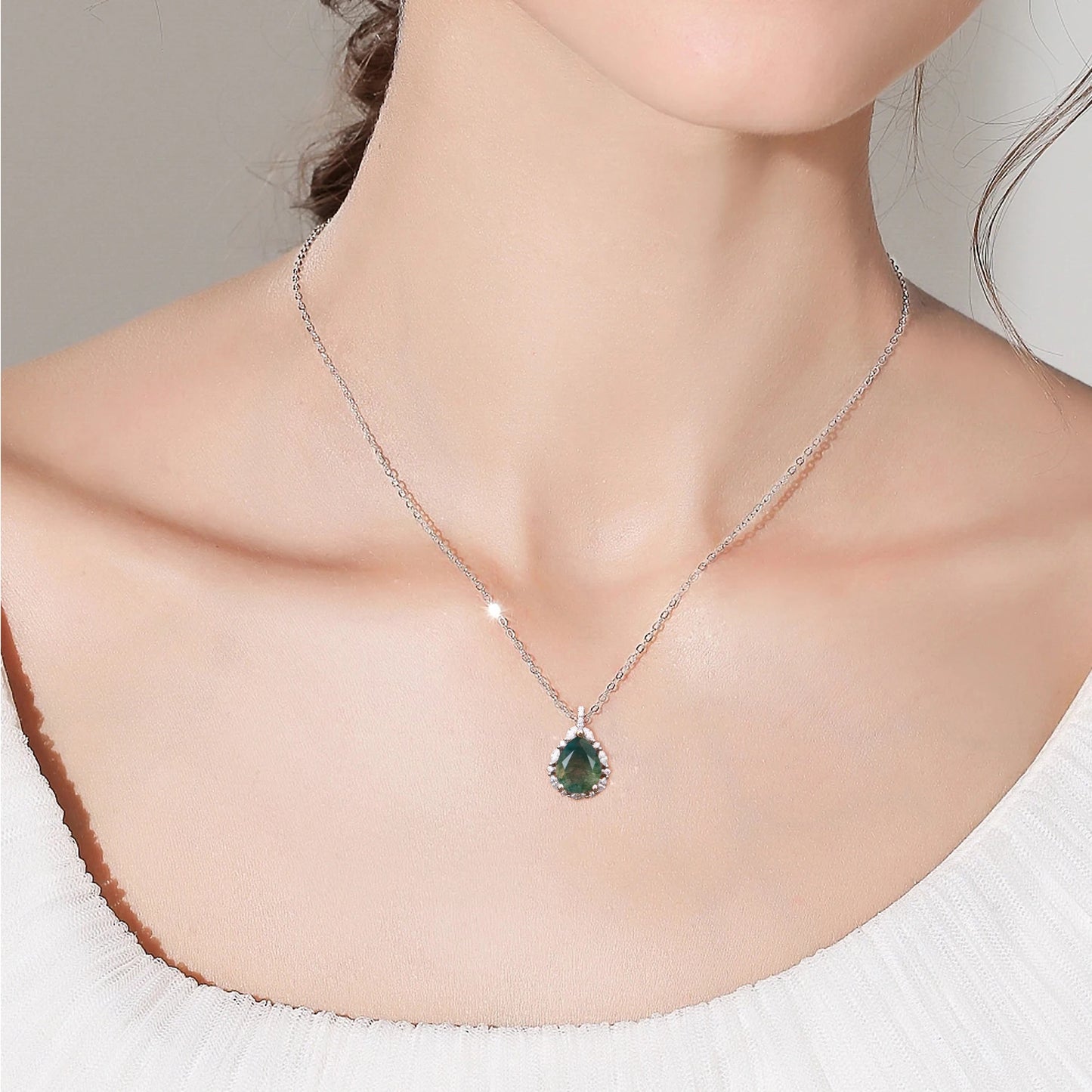 Natural Green Moss Agate Pendant Necklace - 925 Sterling Silver, 45cm Chain, Unique Anniversary Gift for Women - Moss Agate Collection, IceBoyDC