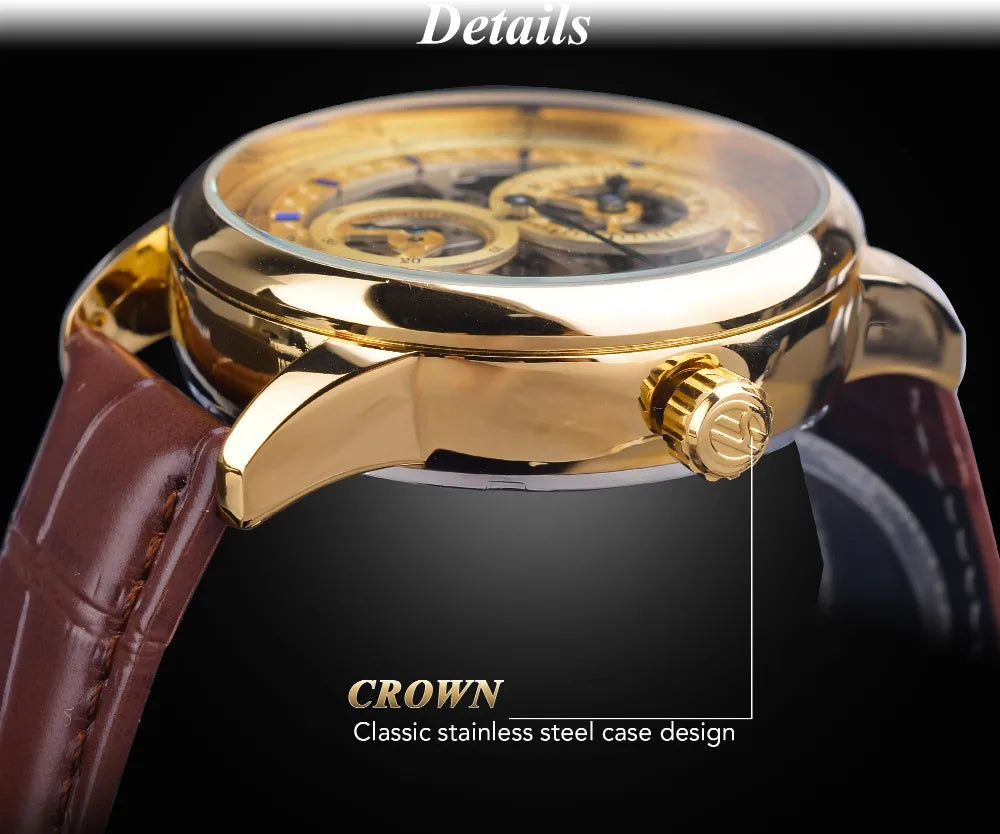 IceBoyDC: ✨ Open Heart Automatic ✨ Men's Gold Skeleton Watch (Brown Leather) Luminous Hands