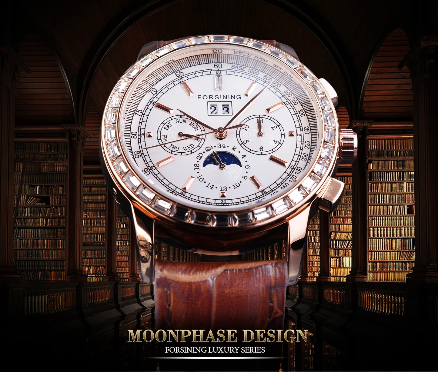 IceBoyDC: ✨ Celestial Navigation ✨ Men's  Automatic Moon Phase Watch (Brown Leather) w/ Baguette Bezel