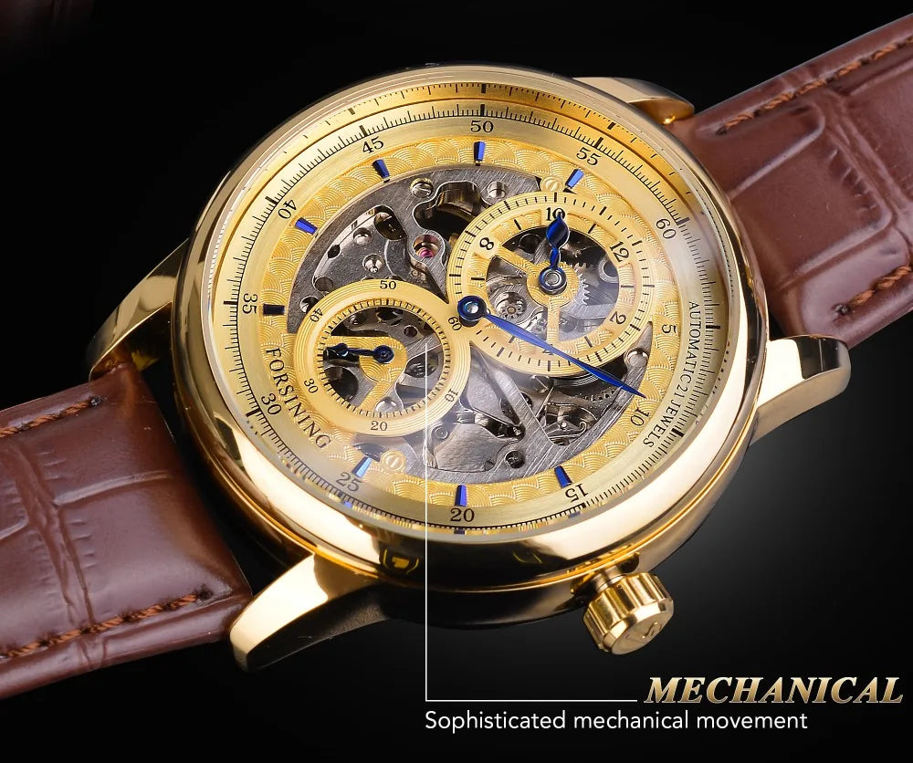 IceBoyDC: ✨ Open Heart Automatic ✨ Men's Gold Skeleton Watch (Brown Leather) Luminous Hands