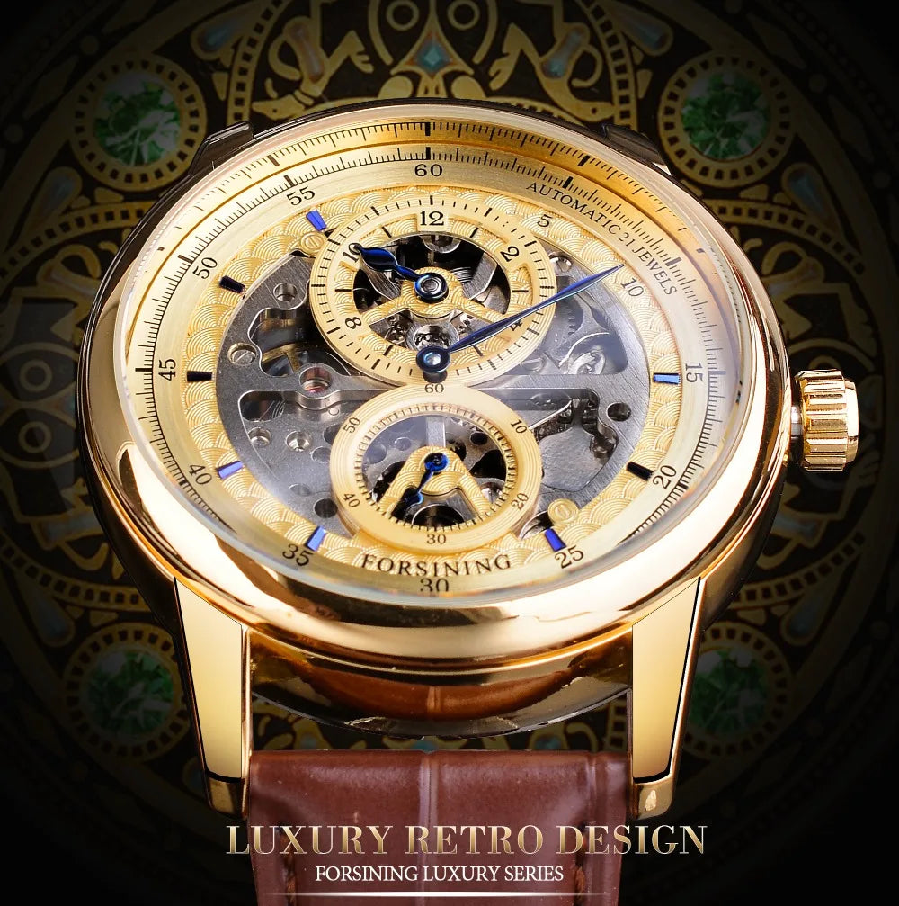 IceBoyDC: ✨ Open Heart Automatic ✨ Men's Gold Skeleton Watch (Brown Leather) Luminous Hands