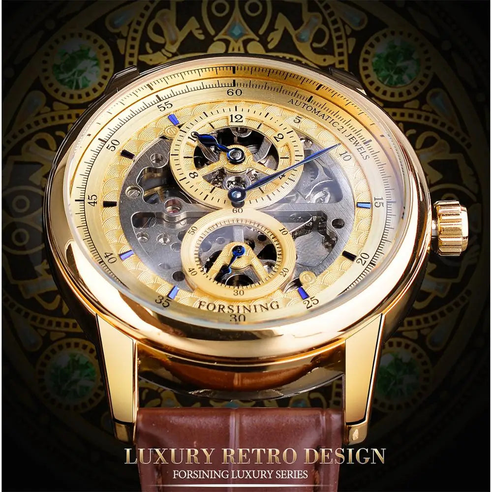 IceBoyDC: ✨ Open Heart Automatic ✨ Men's Gold Skeleton Watch (Brown Leather) Luminous Hands