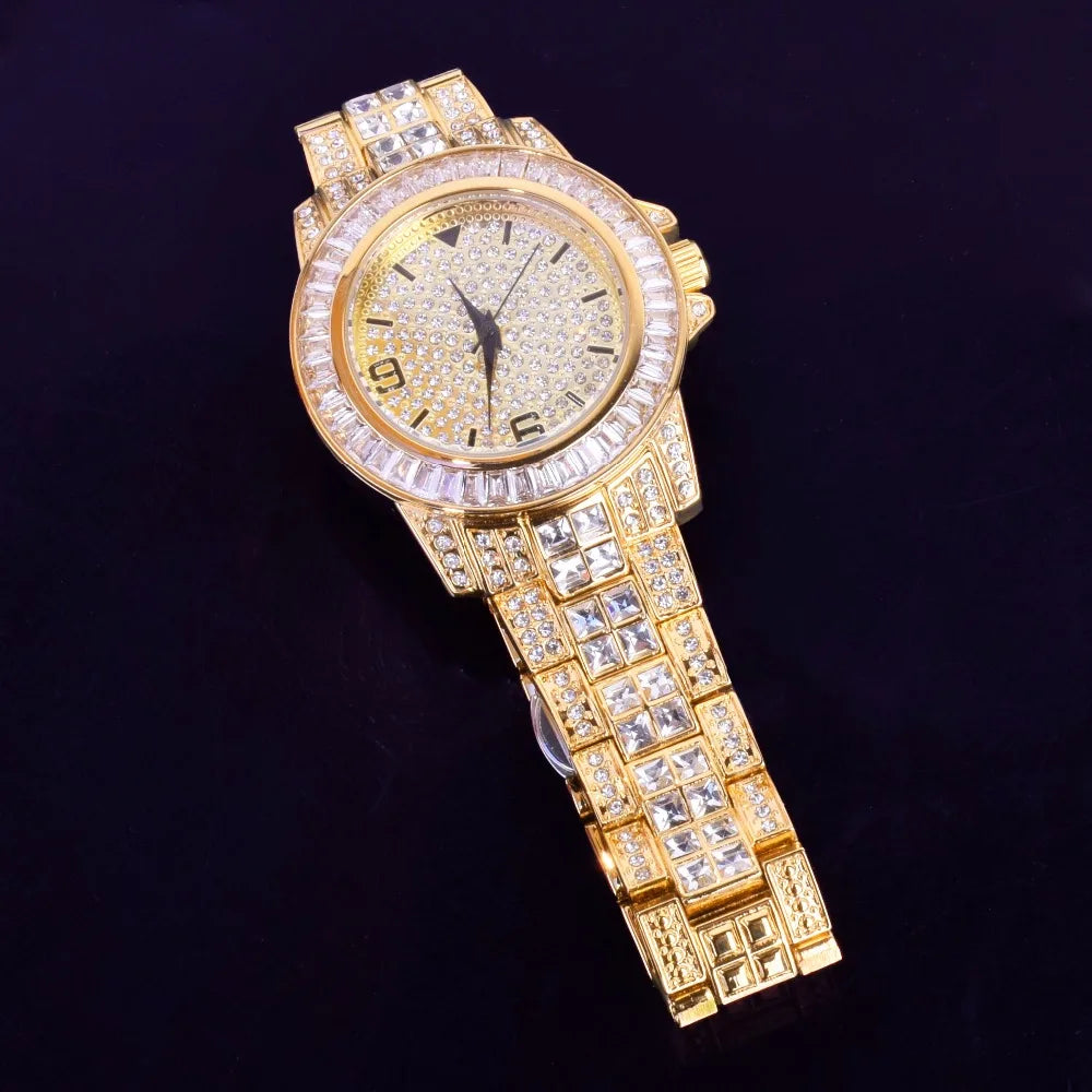 IceBoyDC's Gold-Plated Military Quartz Watch with Baguette stones