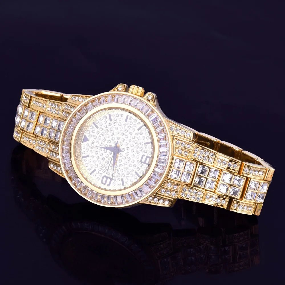 IceBoyDC's Gold-Plated Military Quartz Watch with Baguette stones