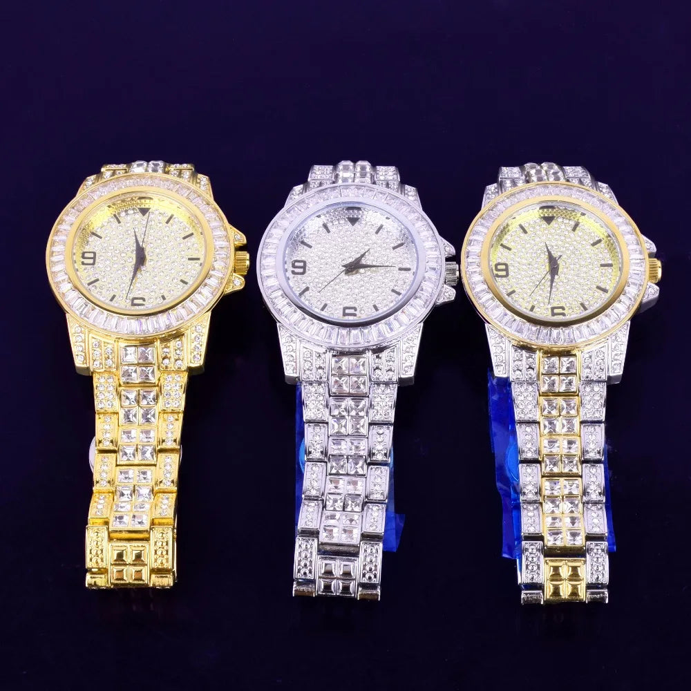 IceBoyDC's Gold-Plated Military Quartz Watch with Baguette stones