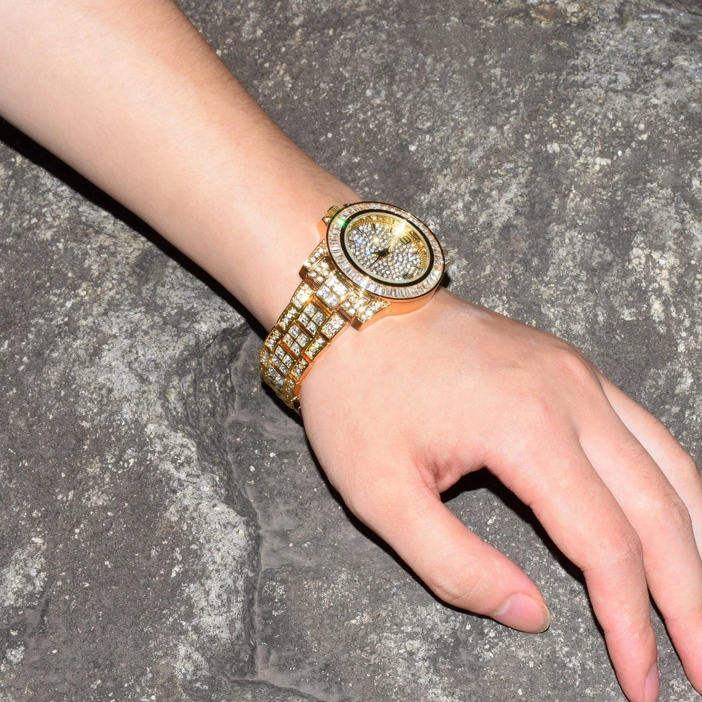 IceBoyDC's Gold-Plated Military Quartz Watch with Baguette stones