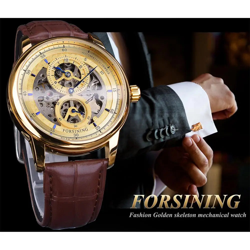 IceBoyDC: ✨ Open Heart Automatic ✨ Men's Gold Skeleton Watch (Brown Leather) Luminous Hands