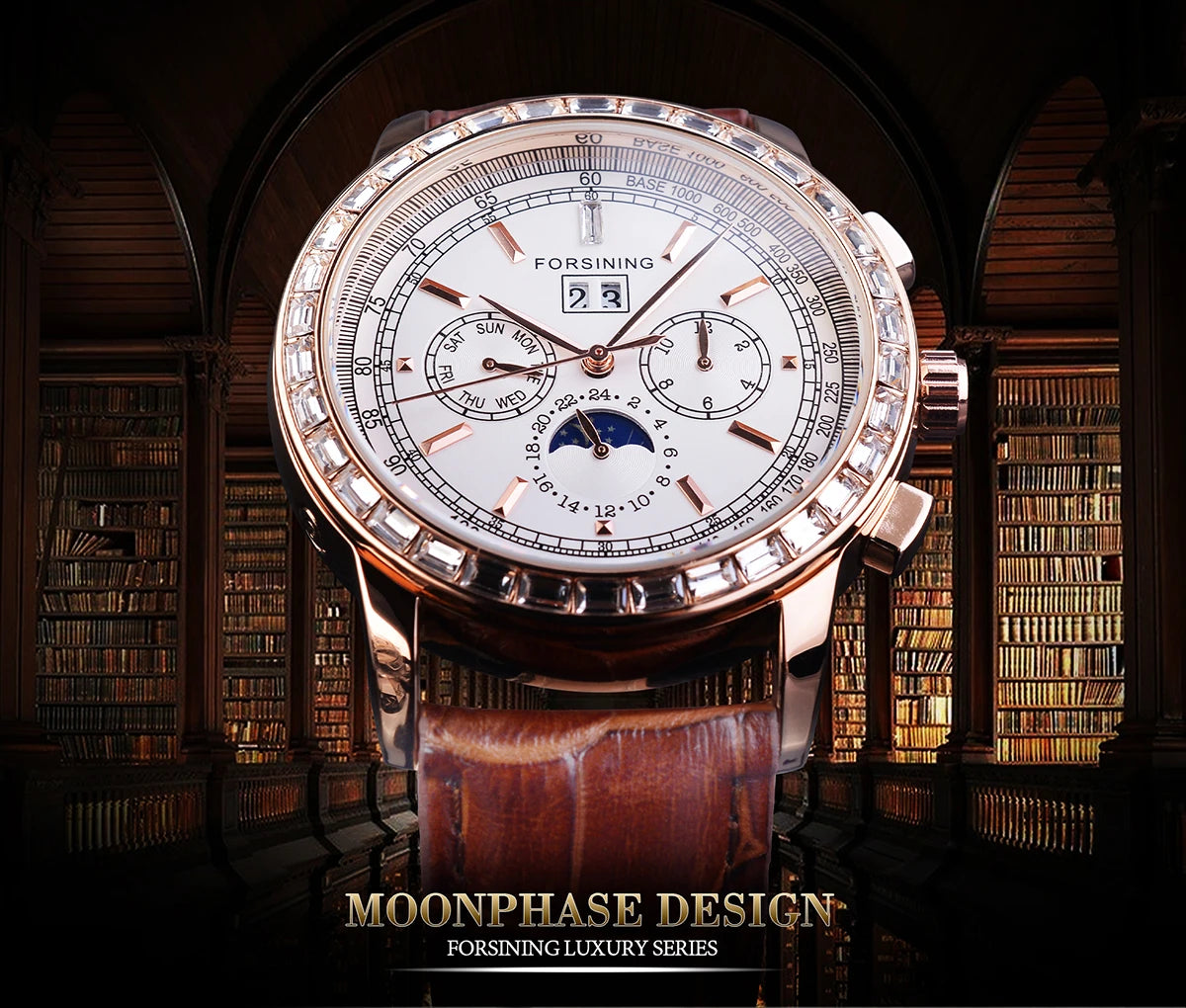 IceBoyDC: ✨ Celestial Navigation ✨ Men's  Automatic Moon Phase Watch (Brown Leather) w/ Baguette Bezel