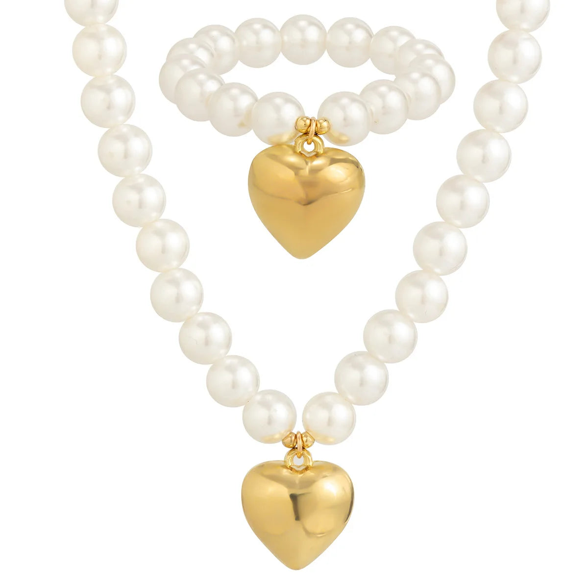 The Chunky Gold & Pearl Heart Set : Necklace & Bracelet Set by IceBoyDC (14k Gold-Plated, Hypoallergenic)