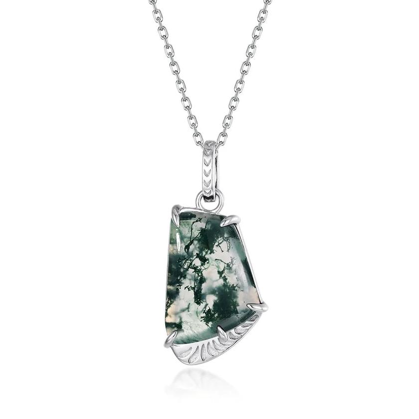 Unleash Inner Harmony: Unique Green Moss Agate Necklace, Sterling Silver