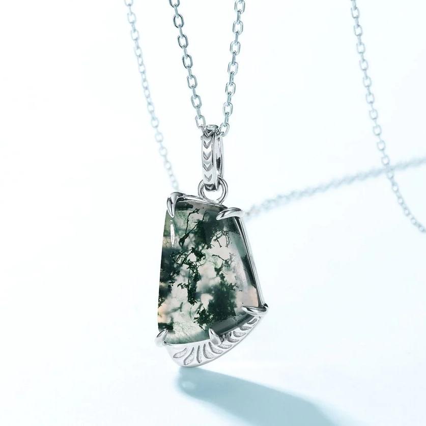 Unleash Inner Harmony: Unique Green Moss Agate Necklace, Sterling Silver