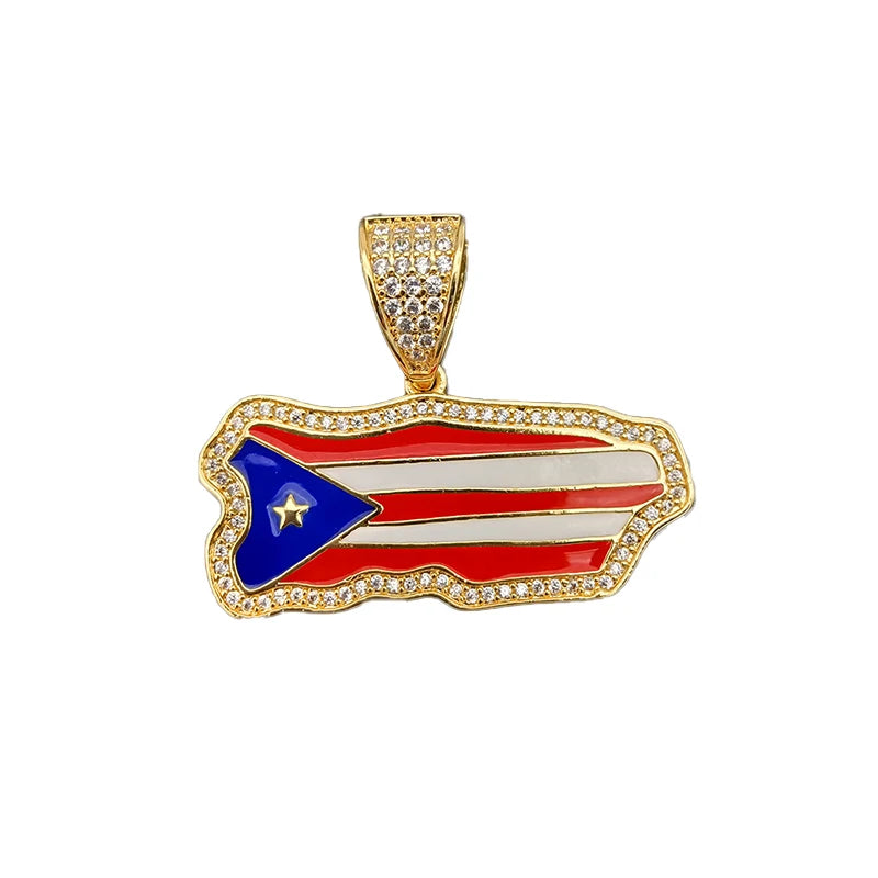 "El Mekhi " Original Flag Puerto Rico Map Pendant 14K plated set with Zirconium Diamond