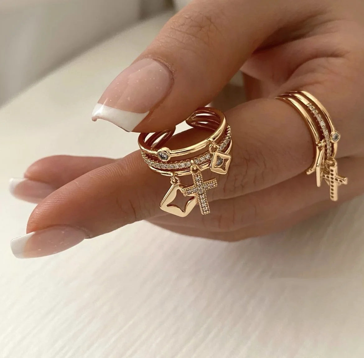 IceBoyDC Trendy Collection - 18K Gold Plated Sun Rings for Women - Natural Stone Inlaid in Hollow Metal Texture - Hip Hop Luxury Jewelry