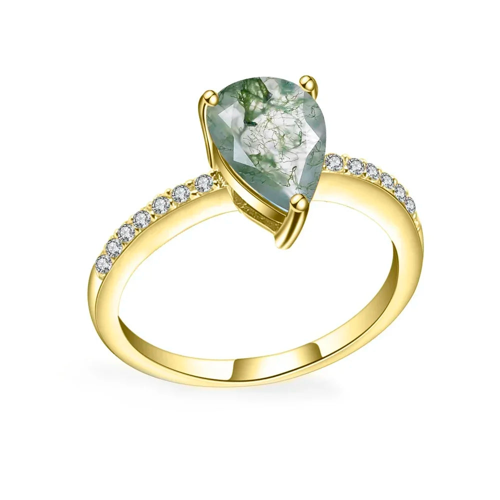 IceBoyDC: Moss Agate Majesty ✨ Double Gold-Plated & CZ Ring Set (Engagement, Wedding)