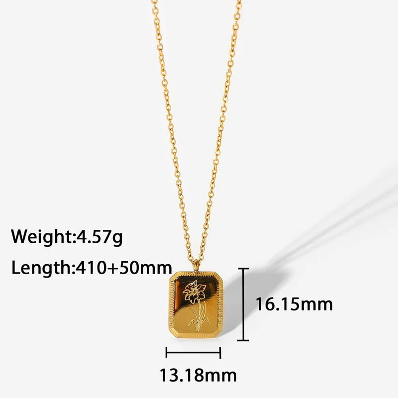 14K Gold Plated Square Birth Flower Necklace | Personalized Flower Pendant | IceBoyDC