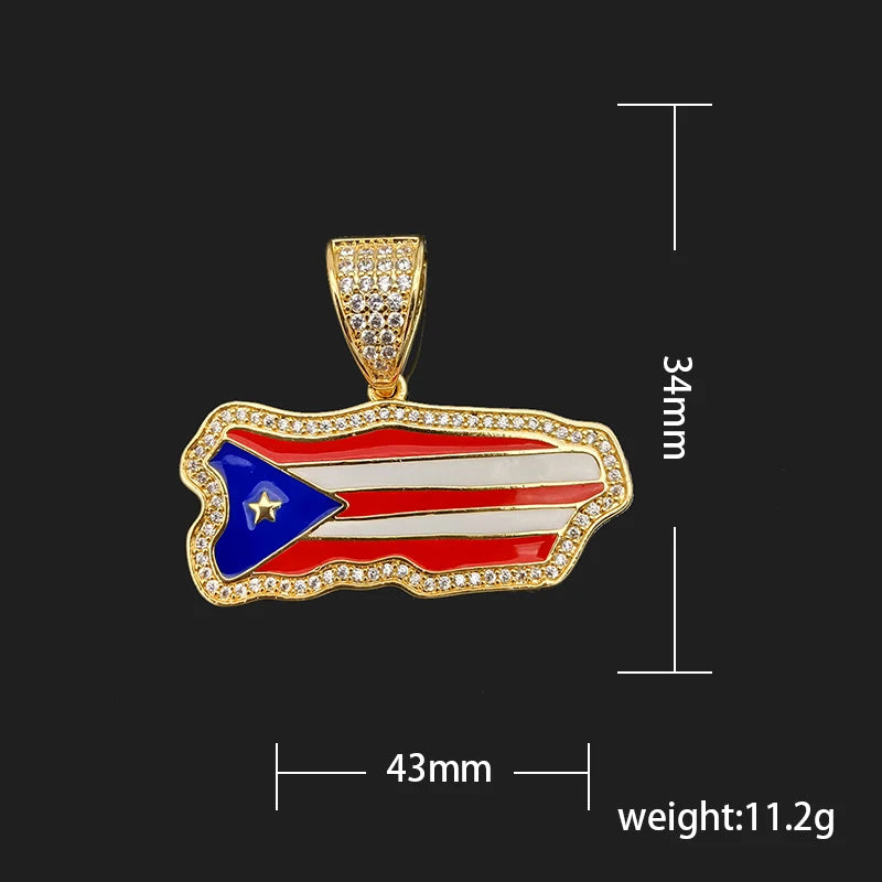 "El Mekhi " Original Flag Puerto Rico Map Pendant 14K plated set with Zirconium Diamond