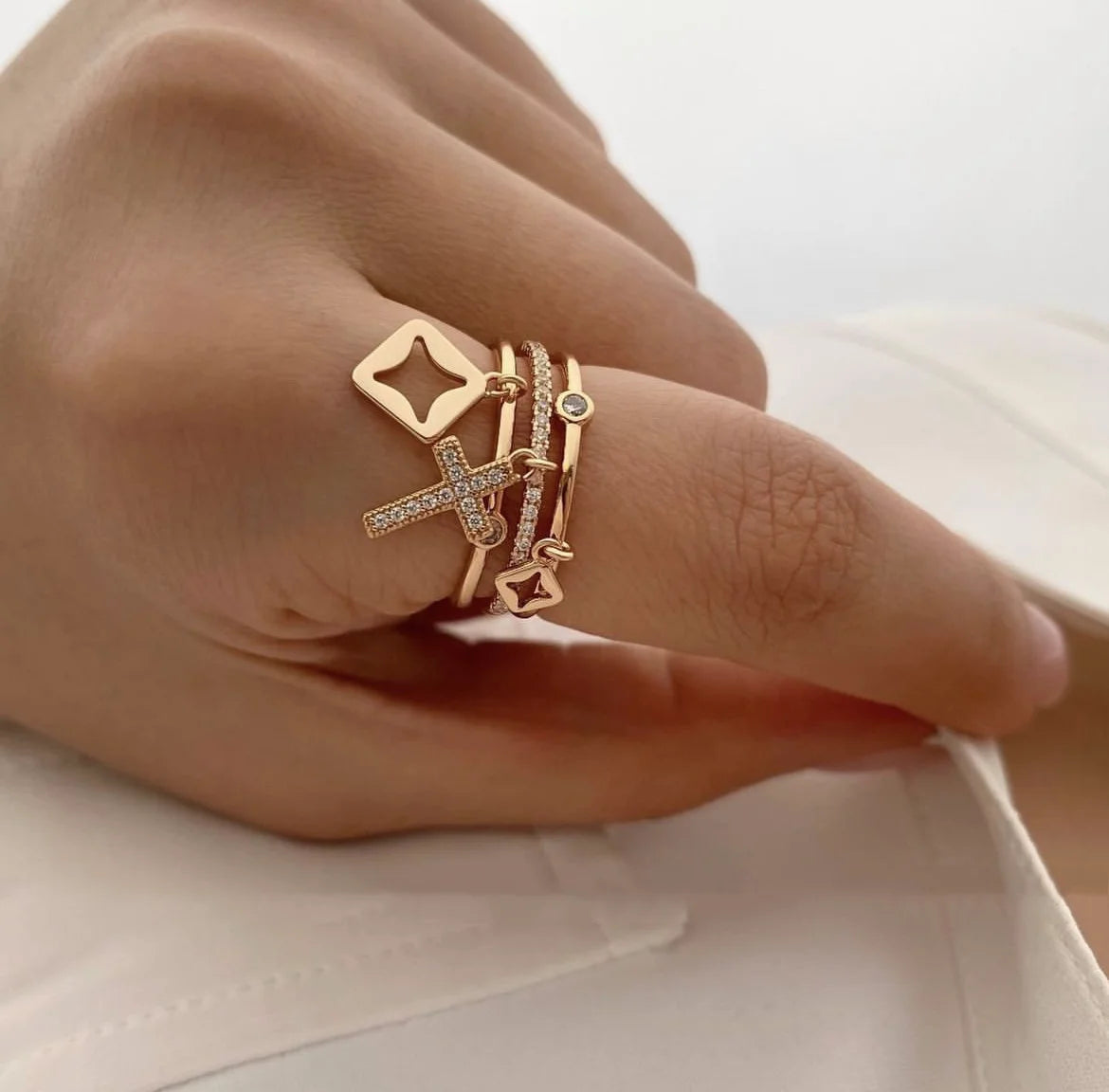 IceBoyDC Trendy Collection - 18K Gold Plated Sun Rings for Women - Natural Stone Inlaid in Hollow Metal Texture - Hip Hop Luxury Jewelry