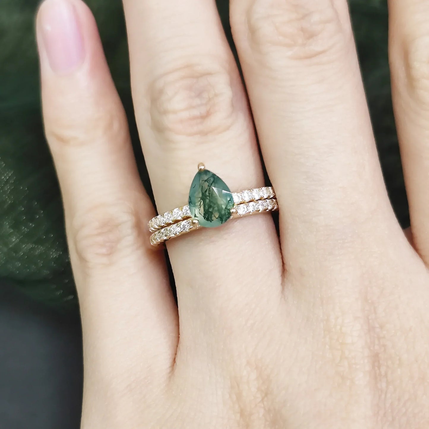 IceBoyDC: Moss Agate Majesty ✨ Double Gold-Plated & CZ Ring Set (Engagement, Wedding)