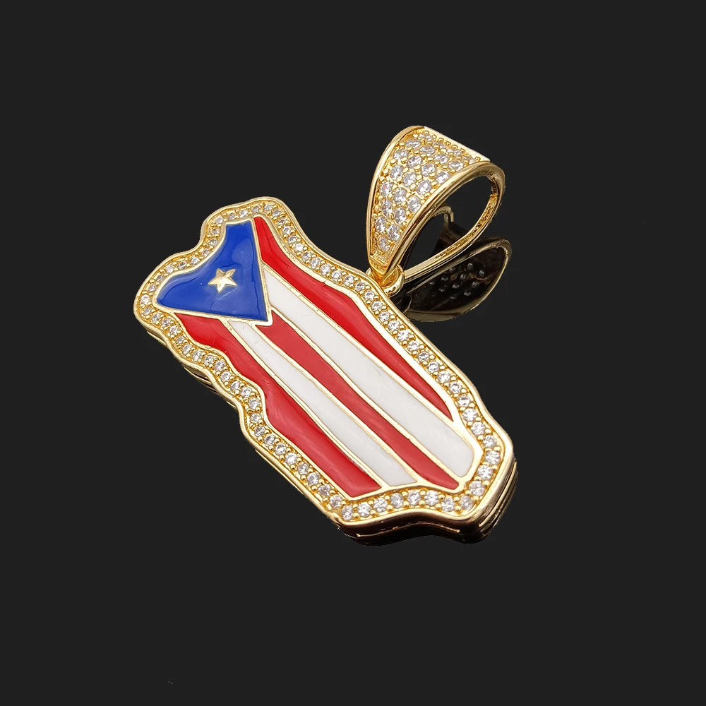 "El Mekhi " Original Flag Puerto Rico Map Pendant 14K plated set with Zirconium Diamond