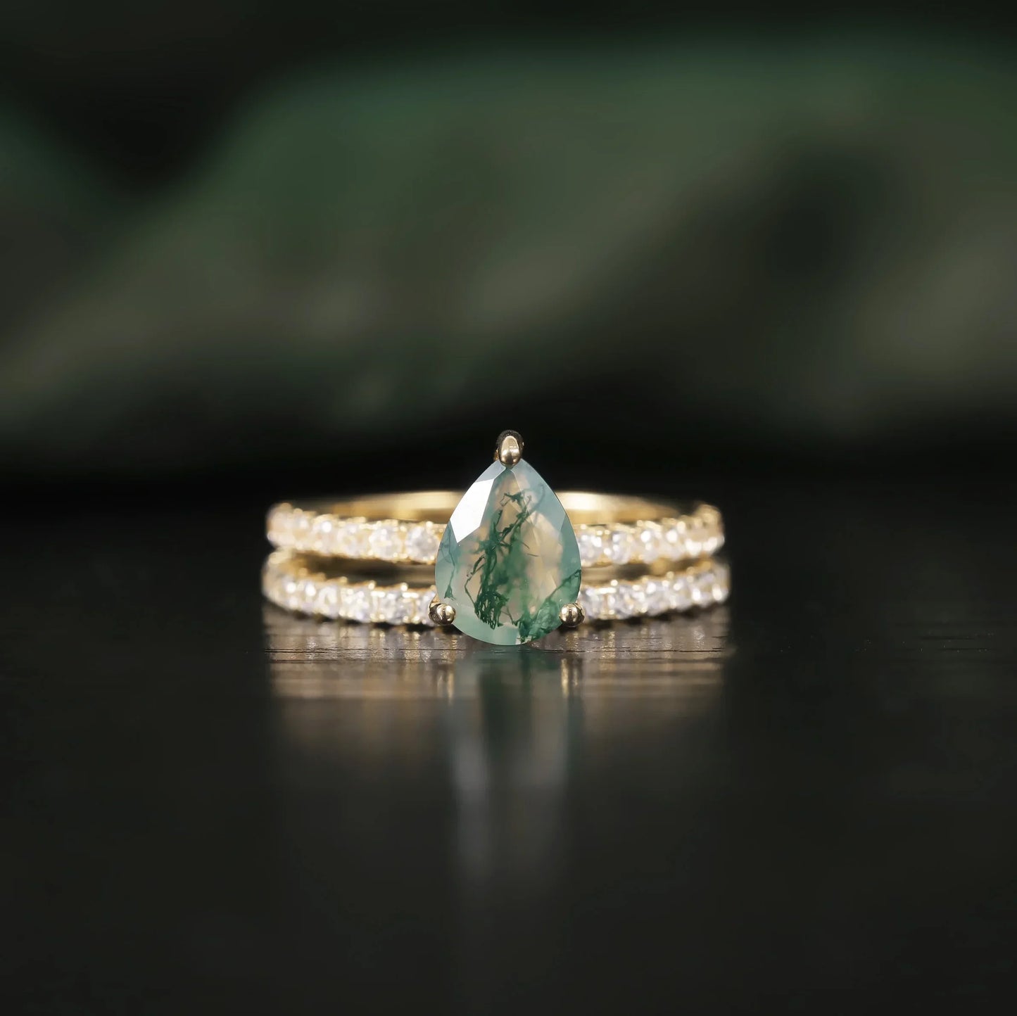 IceBoyDC: Moss Agate Majesty ✨ Double Gold-Plated & CZ Ring Set (Engagement, Wedding)