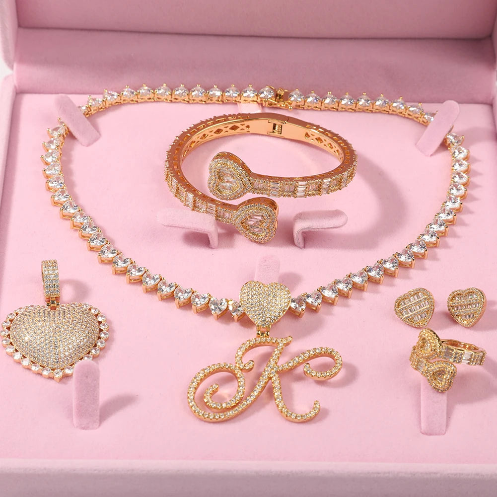 The IceBoyDC Christmas Gift: Gold Plated Cubic Zirconia Heart - Initial Jewelry Set  (Earrings, Necklace, Bracelet, Ring included)