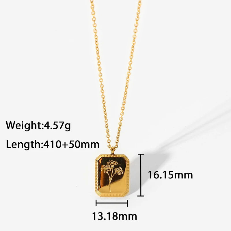 14K Gold Plated Square Birth Flower Necklace | Personalized Flower Pendant | IceBoyDC