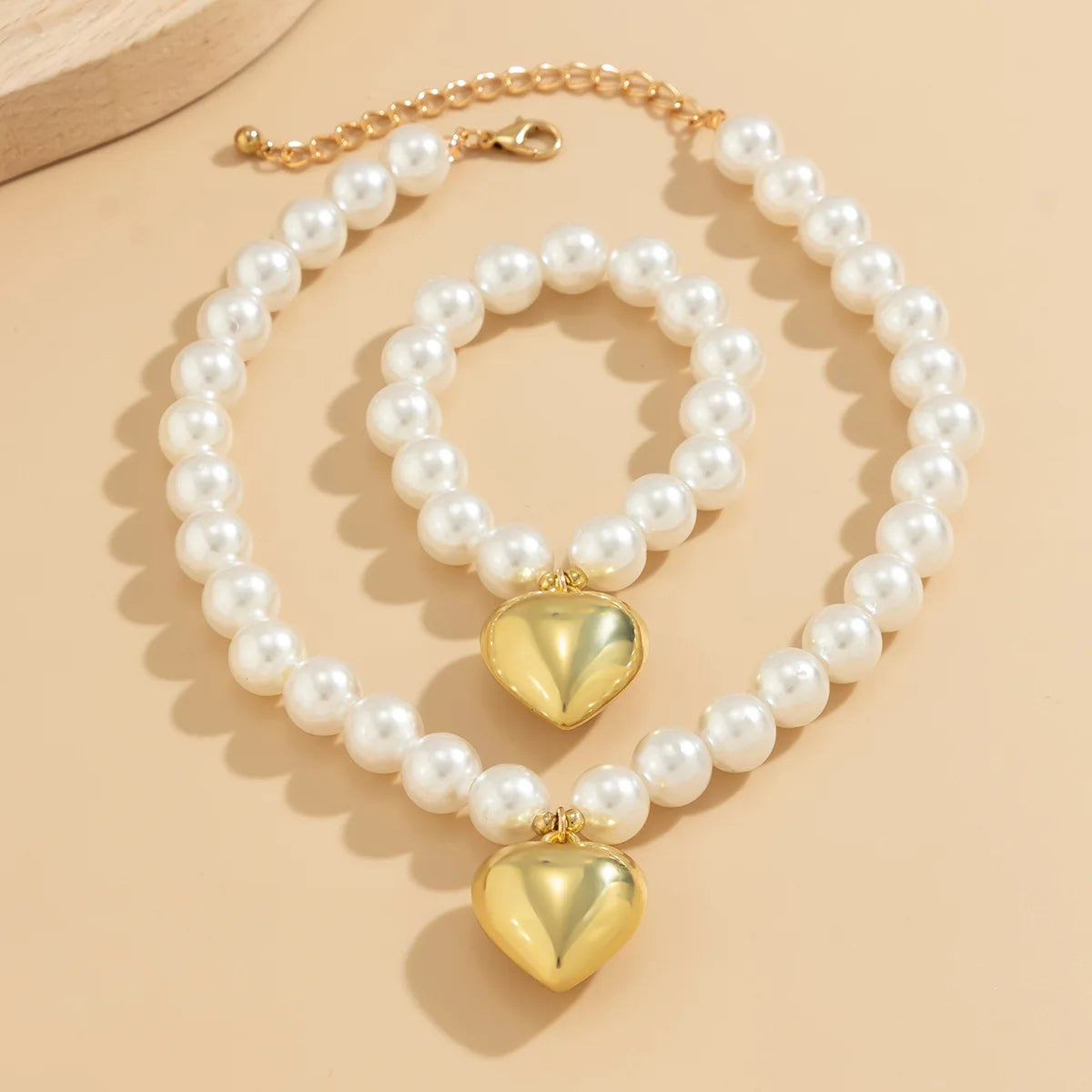 The Chunky Gold & Pearl Heart Set : Necklace & Bracelet Set by IceBoyDC (14k Gold-Plated, Hypoallergenic)