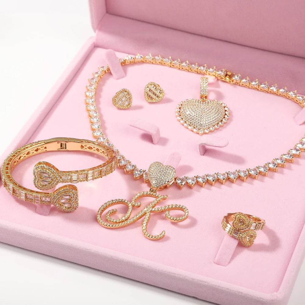 The IceBoyDC Christmas Gift: Gold Plated Cubic Zirconia Heart - Initial Jewelry Set  (Earrings, Necklace, Bracelet, Ring included)