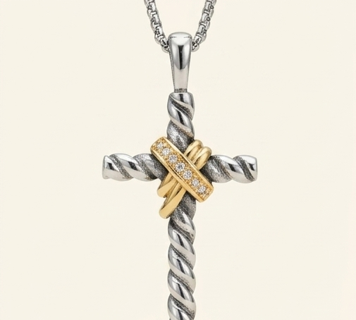 Gold Wrapped CZ Cross Necklace – 925 Sterling Silver Tarnish-Free Twisted Cross Pendant with 18” Box Chain