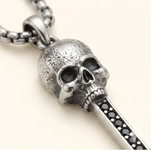 Skull Key Pendant Necklace – 925 Sterling Silver Tarnish-Free Gothic Key Necklace with Black CZ Accents