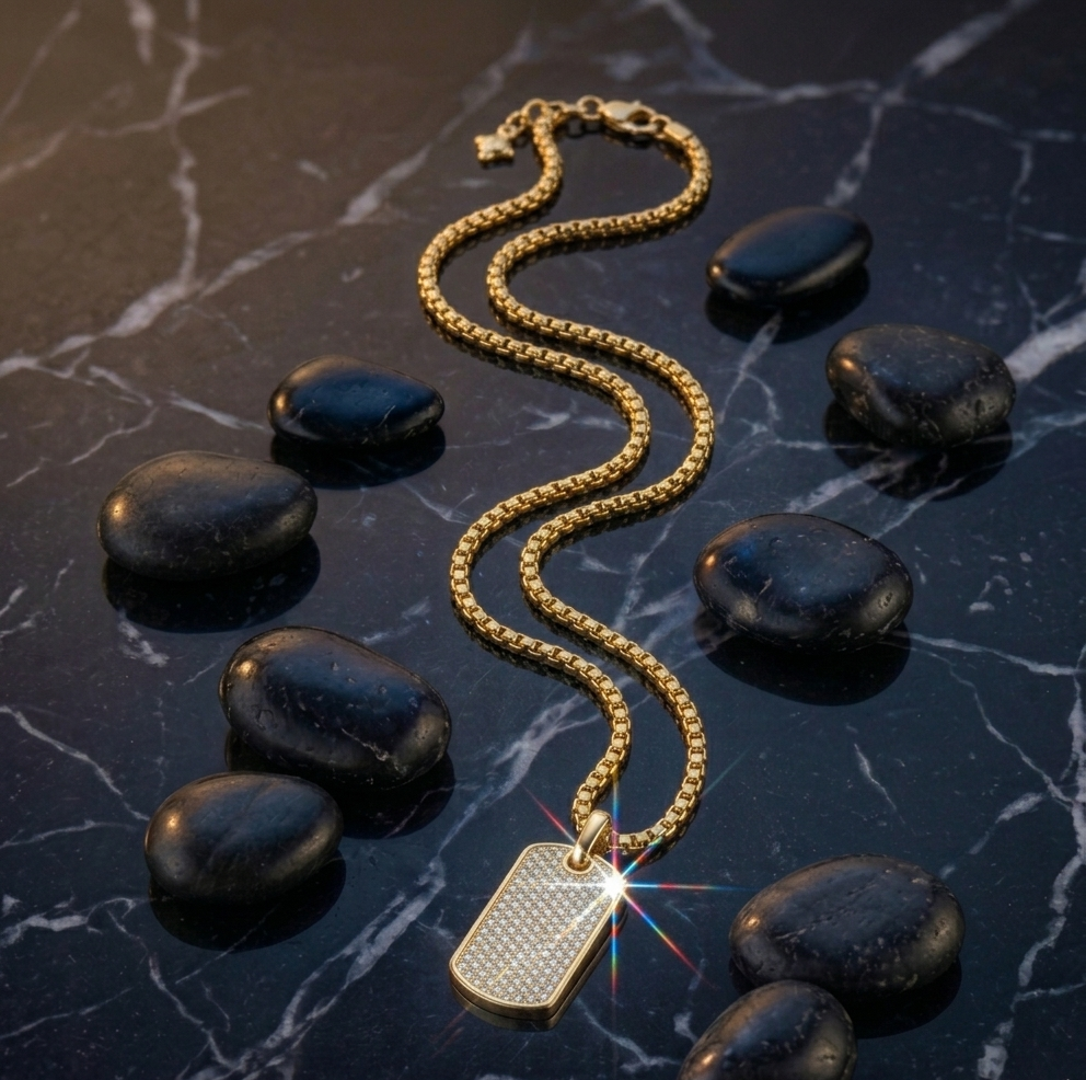 Gold Pavé Dog Tag Necklace 18 in.