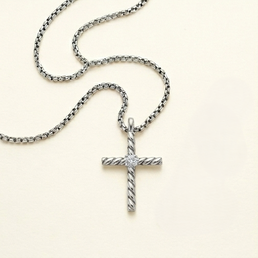 CZ Twisted Cross Necklace – 925 Sterling Silver Tarnish-Free Rope Cross Pendant with Box Chain