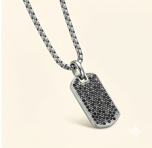 Silver Pavé Dog Tag Necklace 18 in. – 925 Sterling Silver Plated Tarnish