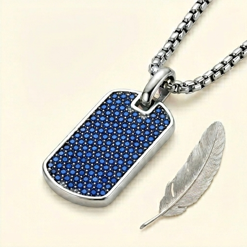 Blue Pavé Dog Tag Necklace 18 in. – 925 Sterling Silver Gold Plated Tarnish-Free Pendant Necklace