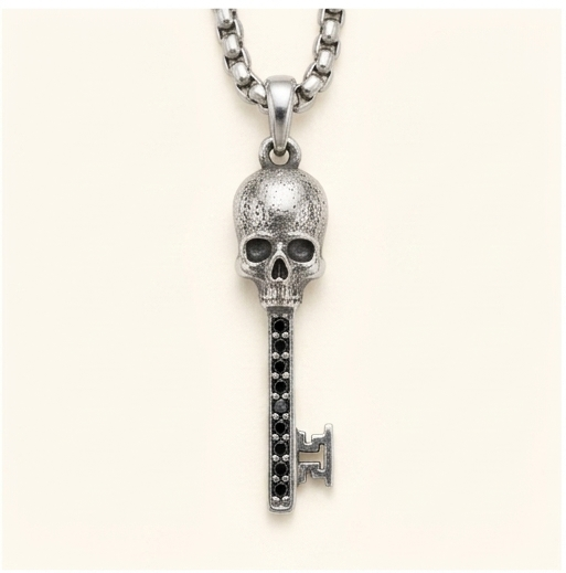 Skull Key Pendant Necklace – 925 Sterling Silver Tarnish-Free Gothic Key Necklace with Black CZ Accents