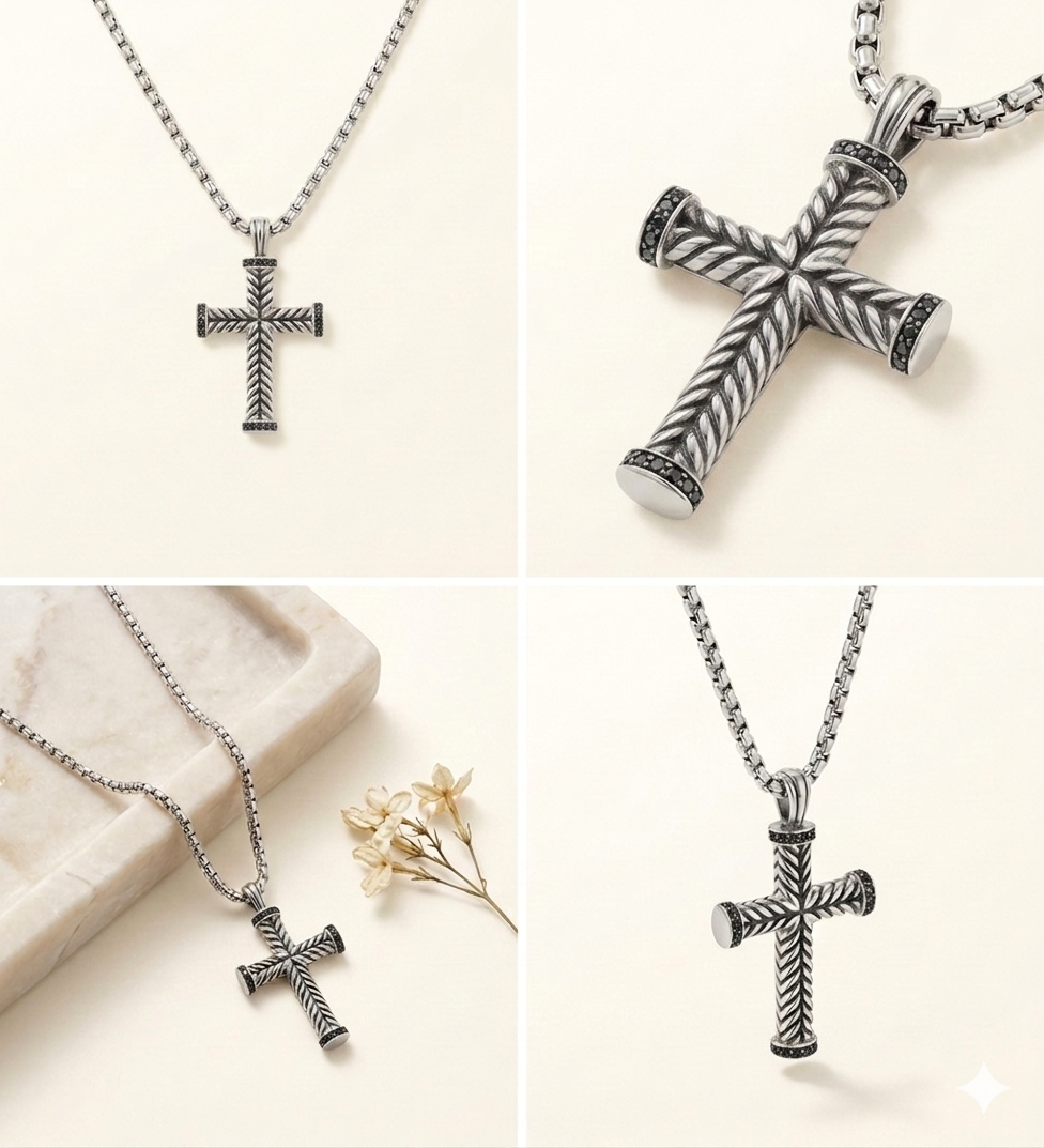 Silver Rope Cross with Black Zirconia's Necklace 18 in. – Tarnish-Free Pendant