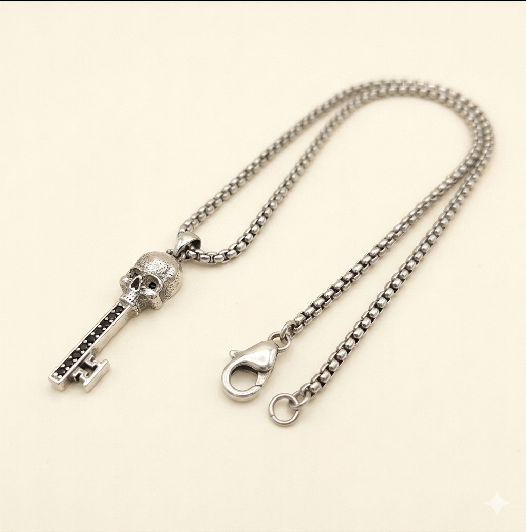 Skull Key Pendant Necklace – 925 Sterling Silver Tarnish-Free Gothic Key Necklace with Black CZ Accents