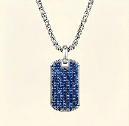Blue Pavé Dog Tag Necklace 18 in. – 925 Sterling Silver Gold Plated Tarnish-Free Pendant Necklace