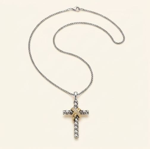 Gold Wrapped CZ Cross Necklace – 925 Sterling Silver Tarnish-Free Twisted Cross Pendant with 18” Box Chain